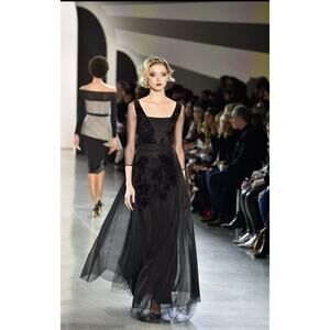 CHIARA BONI Couture Elise Illusion-sleeve Gown Velvet Embroidery Black Size 2 US